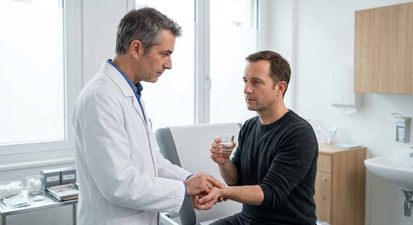 Доктор контролирует первый прием капель